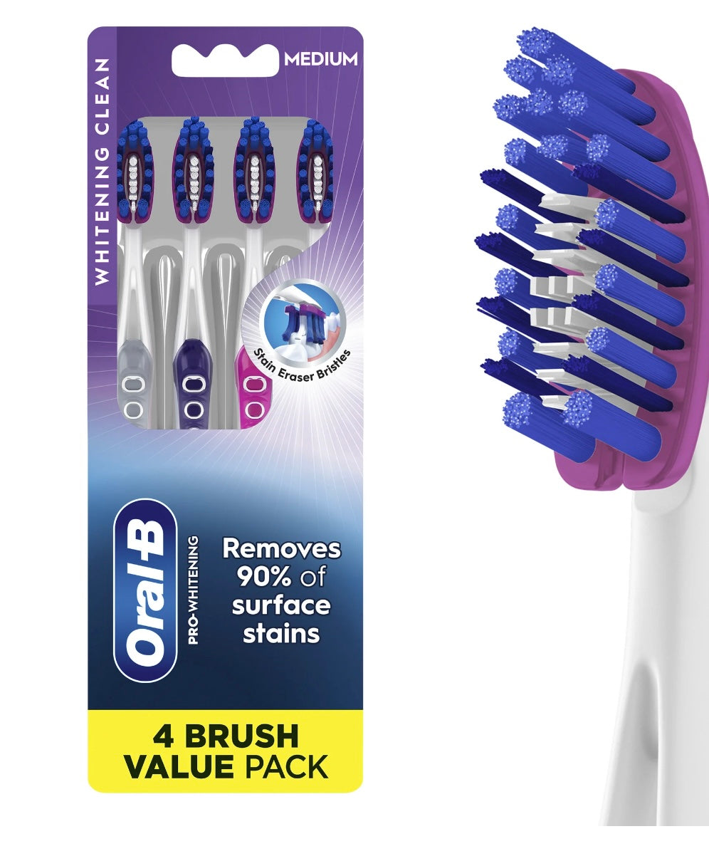 Oral-B Pro Whitening Toothbrushes, Medium, 4 Count, for Adults & Children 6+