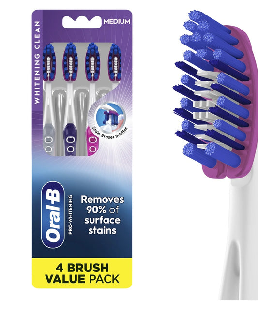 Oral-B Pro Whitening Toothbrushes, Medium, 4 Count, for Adults & Children 6+